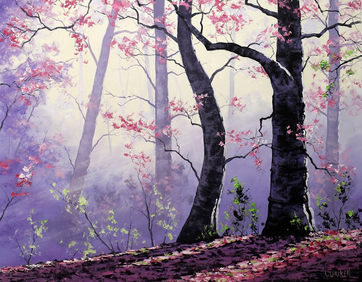 Impressionistic Landscape Oil Painting By Graham Gercken, 42 X 32, Forest Trees And Sun Rays, Original Artwork