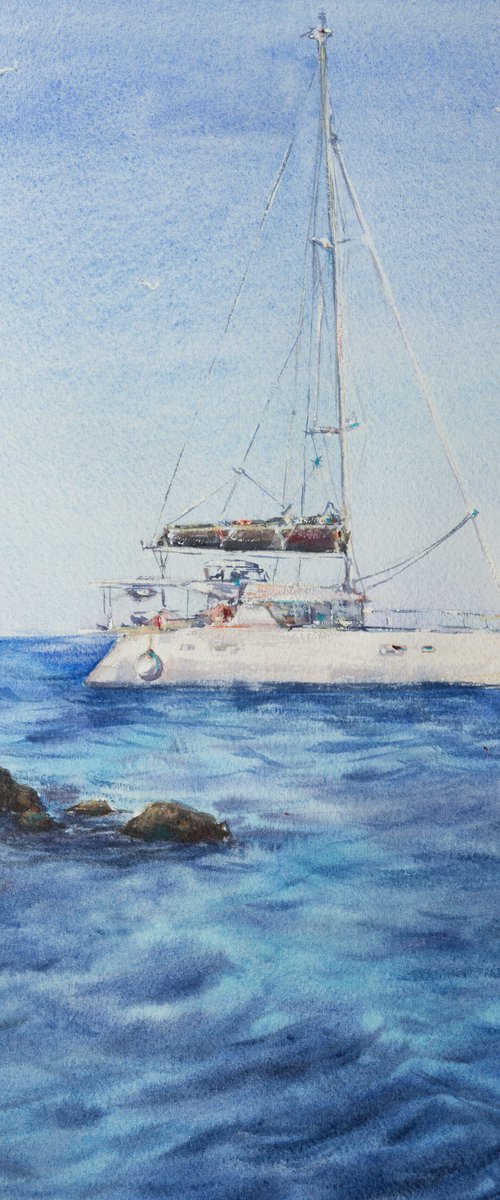 White yacht on the blue sea by Kateryna Nazarenko