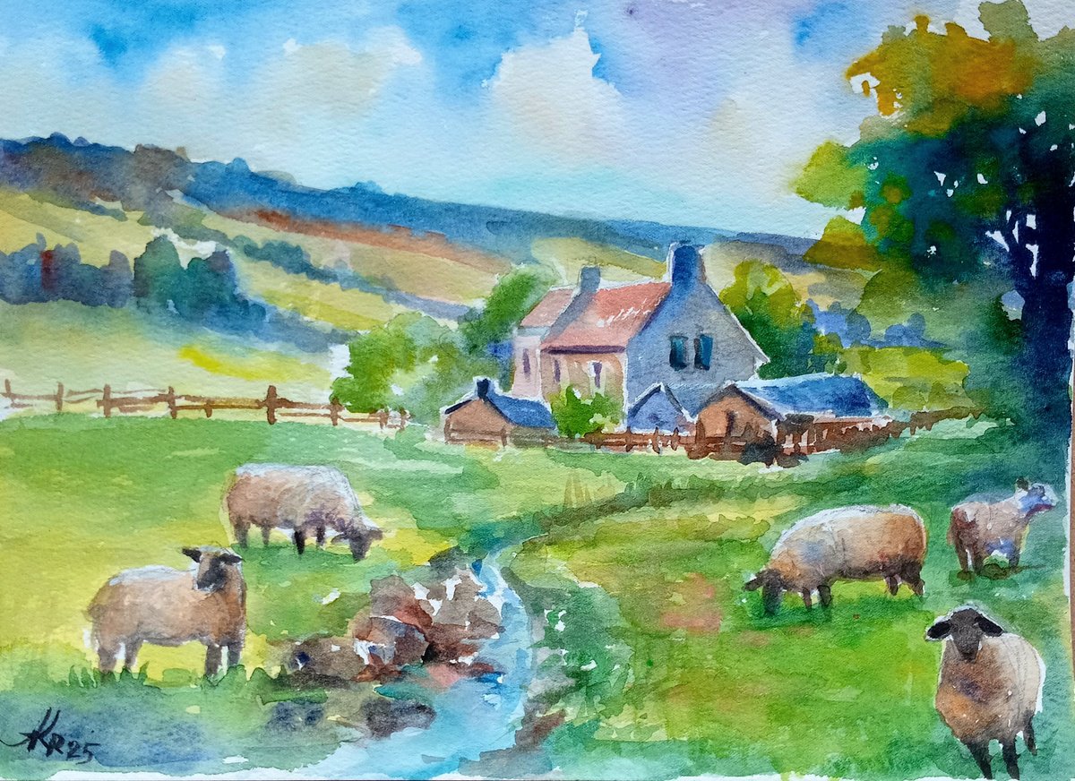 Scottish landscape with sheep by Ann Krasikova