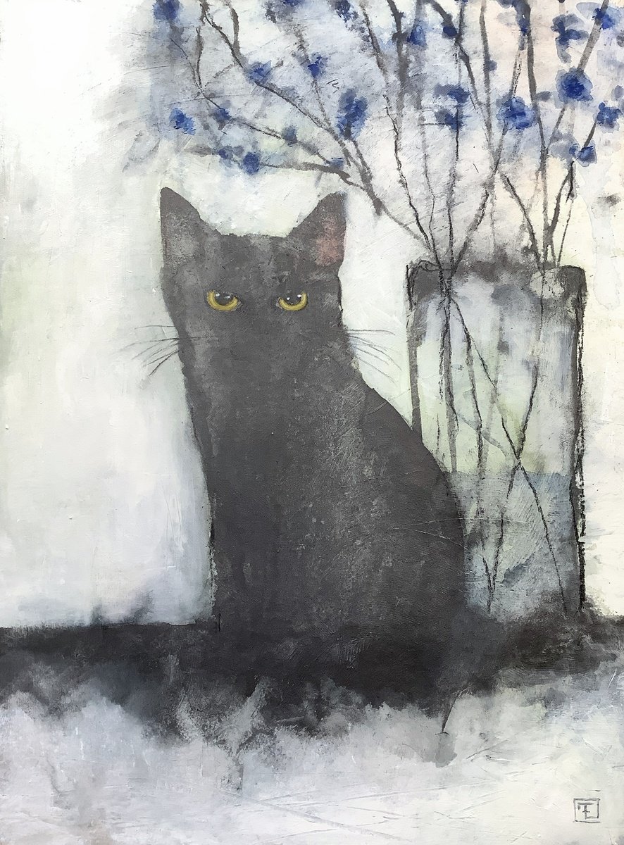 Chat Noir Et Fleurs Bleus By Eva Fialka, 9 X 13, Artwork For Sale On Artfinder