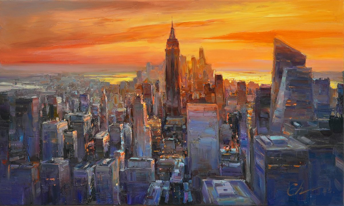 Impressionistic Cityscapes Oil Painting By Serhii Cherniakovskyi, 39 X 24", Evening New York, Original Artwork