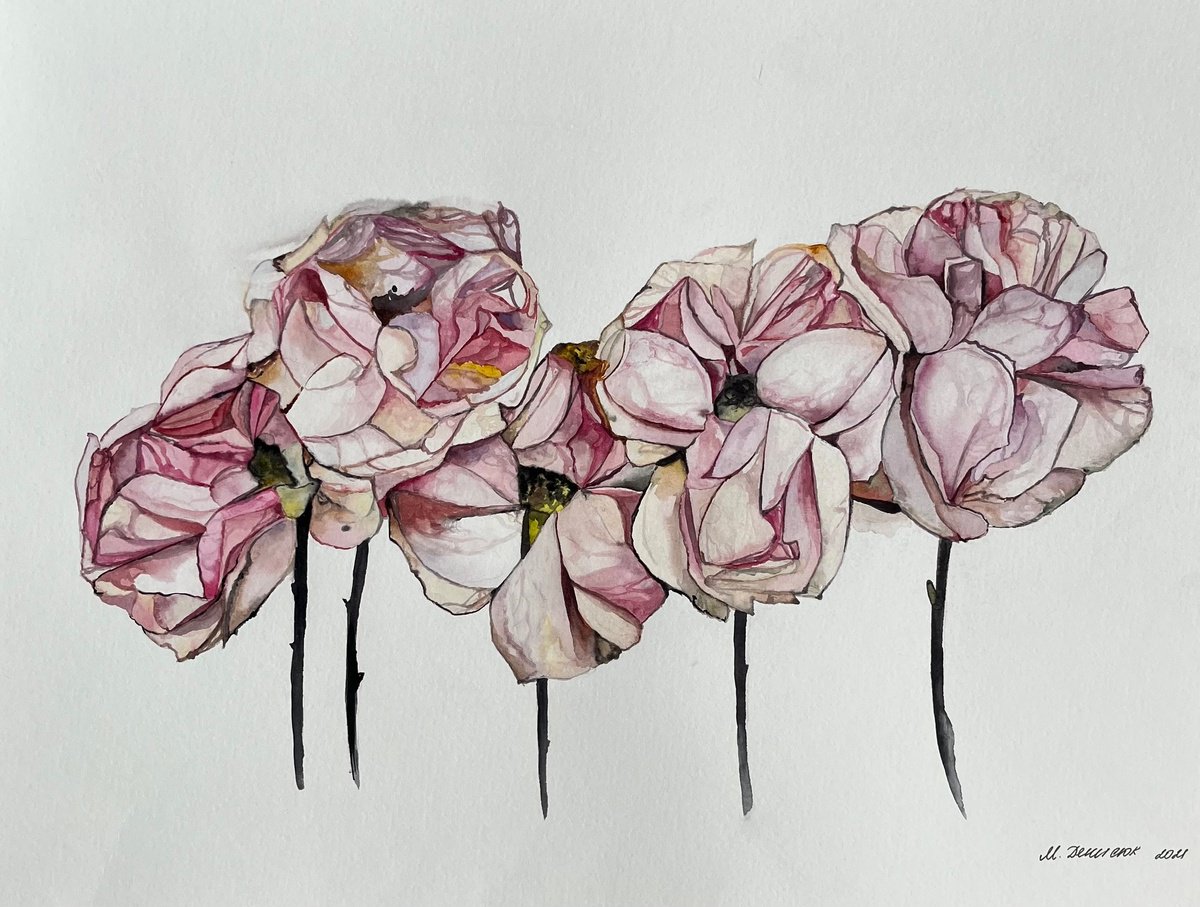Photorealistic Botanical Watercolour By Myroslava Denysyuk, 17 X 12", Pink Roses Pastel, Original Artwork