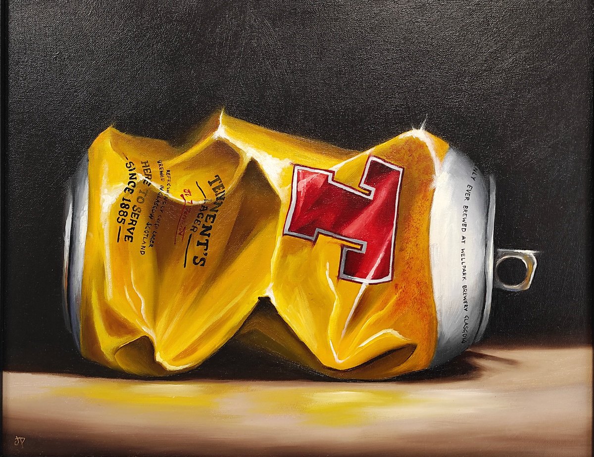 Crushed Tennents lager can still life by Jane Palmer Art