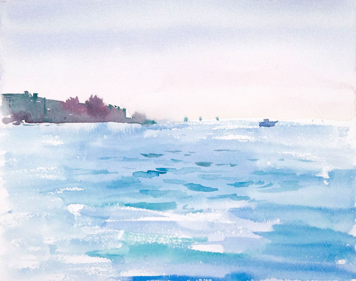 Impressionistic Landscape Watercolour By Daria Galinski, 9 X 7, Venice Seascape, Original Artwork