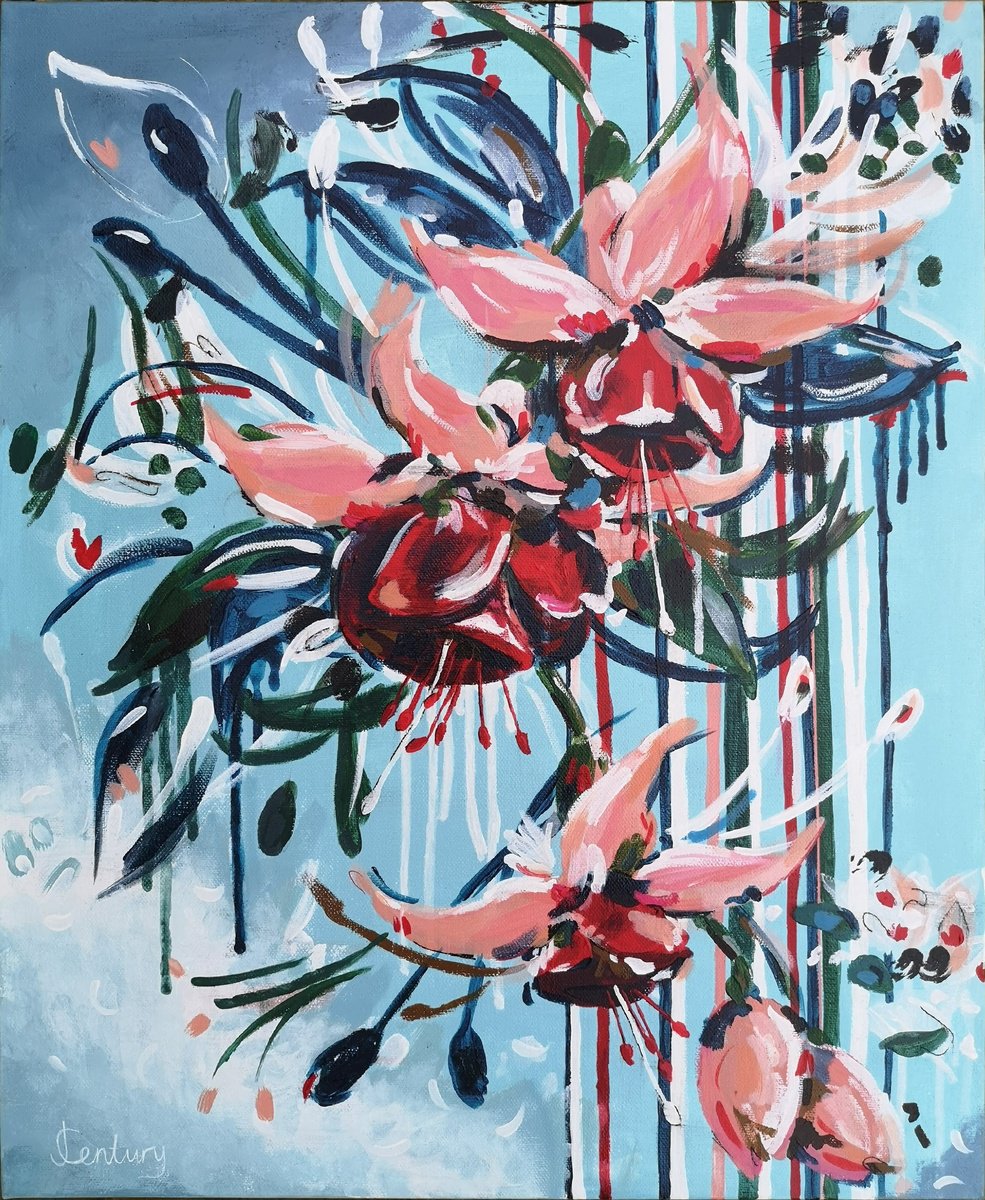 Expressive Botanical Acrylic Painting By Judy Century, 18 X 22", Paradise Falls, Original Artwork