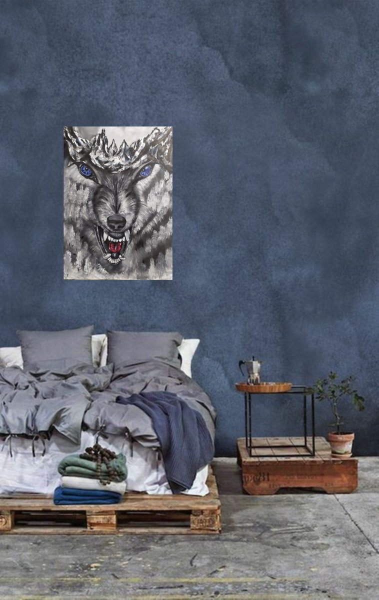 My Totem, original wolf, mountains, forest surreal oil painting, Gift by Nataliia Plakhotnyk
