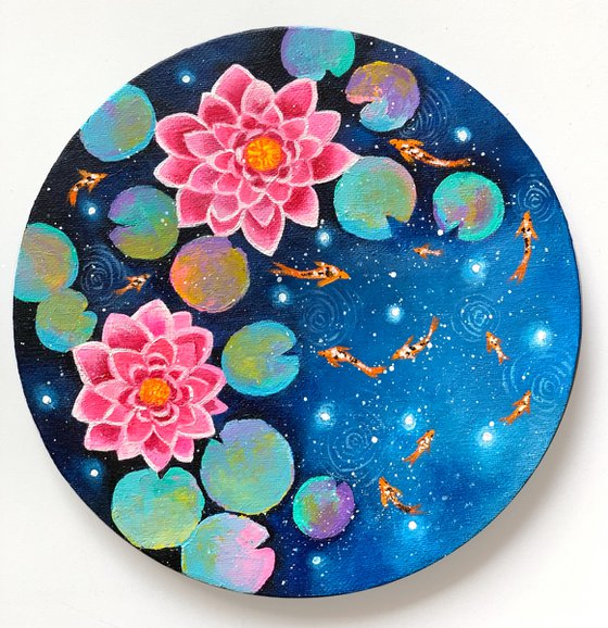 Galaxy water lilies! Koi fish and fire flies!  Ready to hang