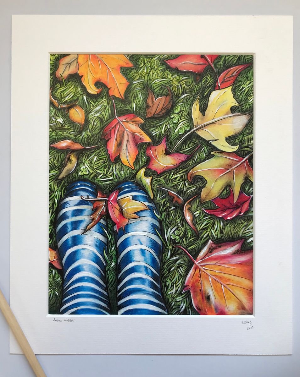 Illustrative Painting , Autumn Walkies By Karen Elaine Evans, 10 X 12, Artwork For Sale On Artfinder