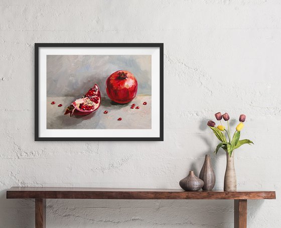 Ripe pomegranate with seeds still life 2