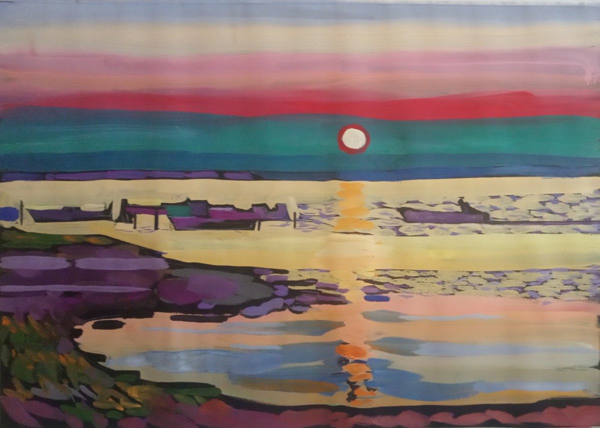 Impressionistic Landscape Painting By Valentina Kachina, 28 X 20", Sunrise, Original Artwork