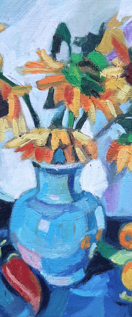 Sunflowers in a  blue vase by Maja Đokić Mihajlović