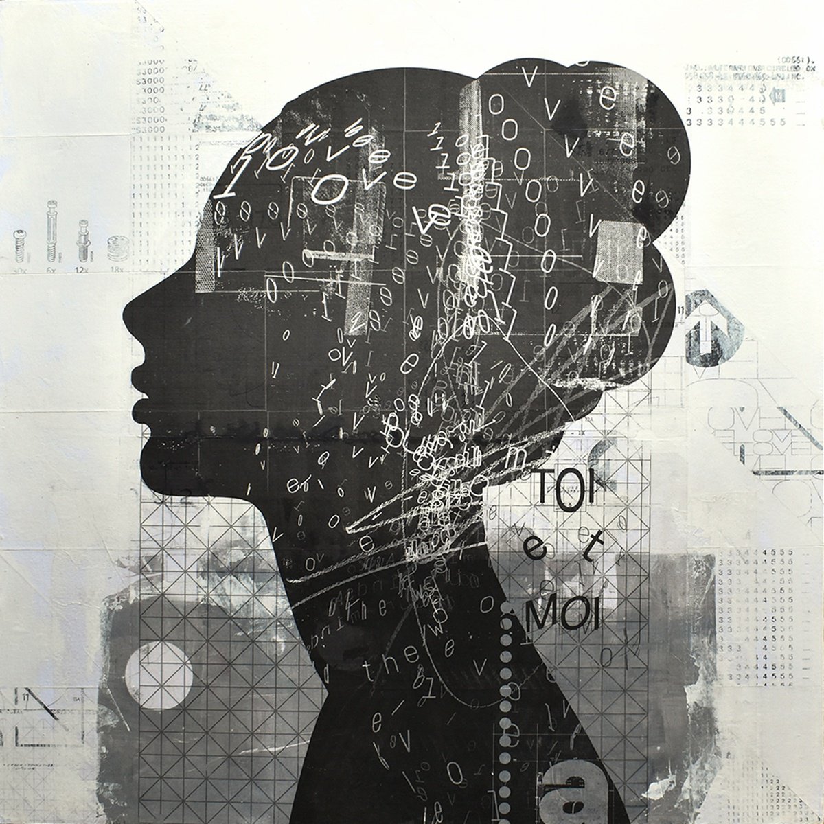 Portrait Collage By Manel Villalonga, 24 X 24", 269 Love In Black, Original Artwork