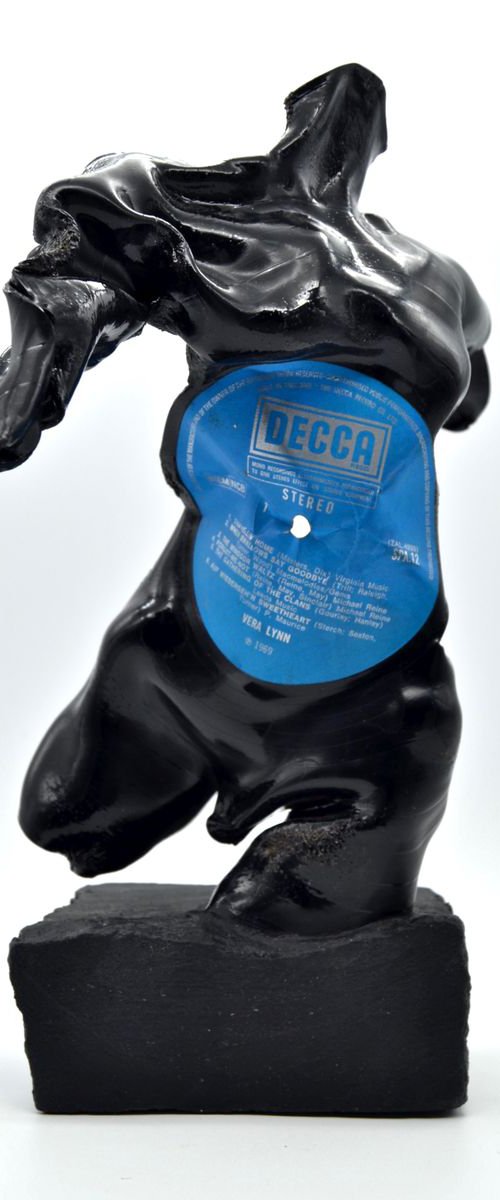 Male Figurative Sculpture, Vinyl Music Record on Black Stone, Vera Lynn by Seona Mason