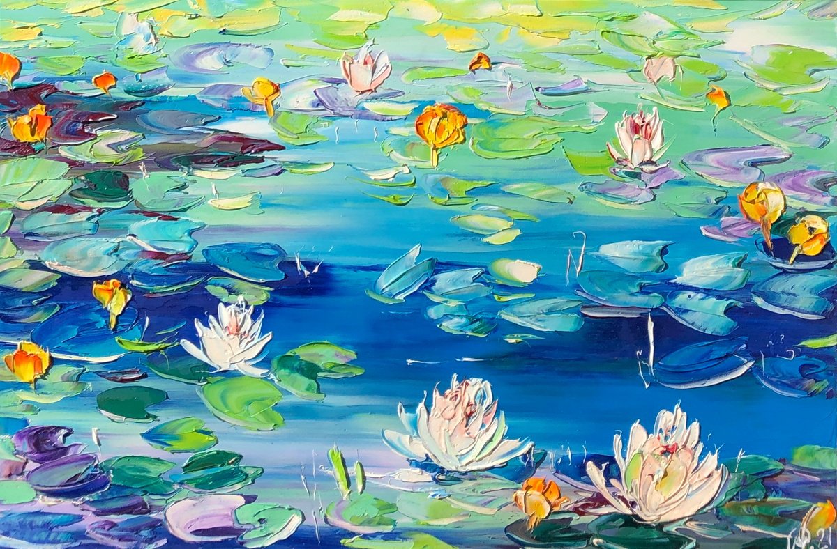 Abstract Botanical Oil Painting By Svitlana Andriichenko, 25 X 17", Funny Water Lilies, Original Artwork