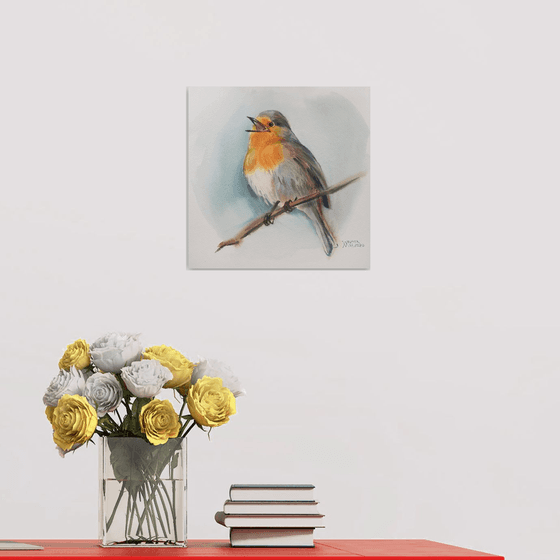 Robin bird. Painting with a bird. Painting for her