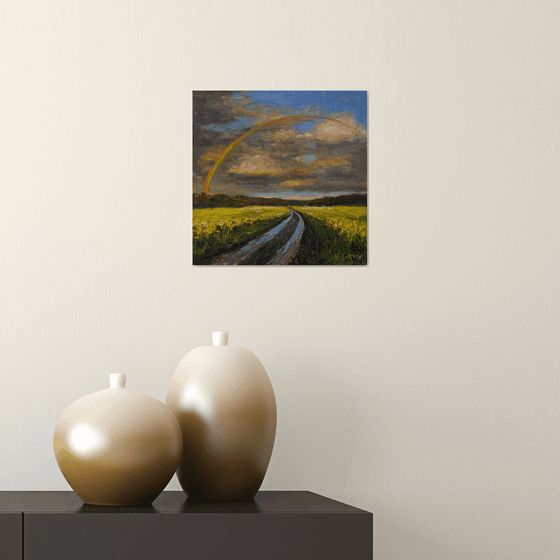 Rainbow Over The Wet Road - sunny summer landscape painting