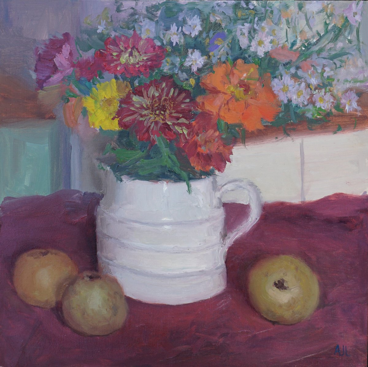 Still Life with Chrysanthemums, Daisies and Russets by Alex James Long
