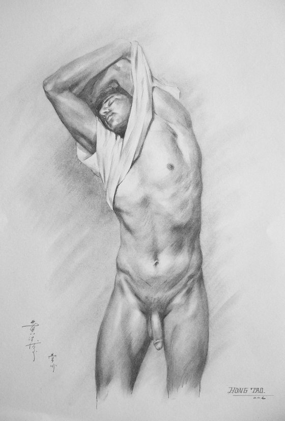 originalcharcoal drawing  art male nude man on canvas #16-3-16-03