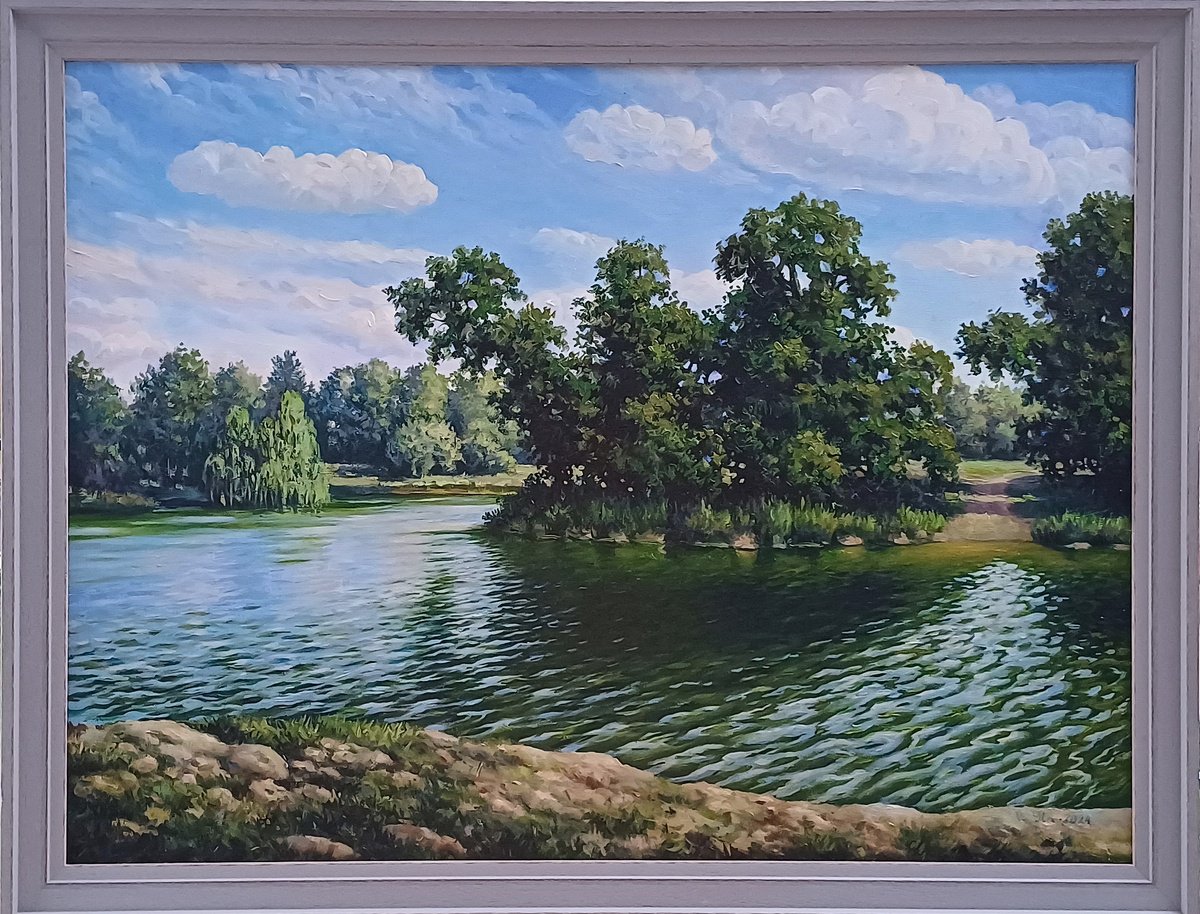 Photorealistic Landscape Oil Painting By Valentinas Yla, 35 X 27", In The Fresh Air, Original Artwork