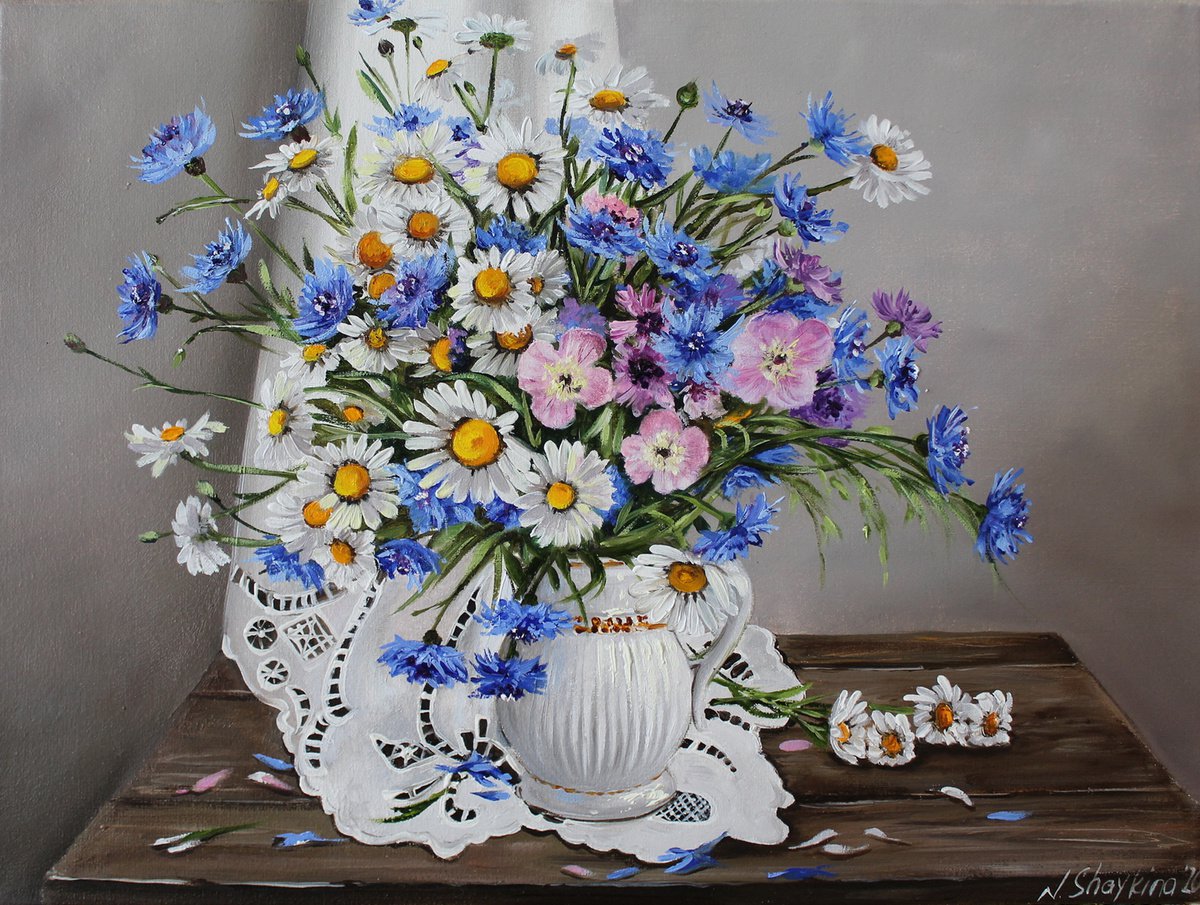 Impressionistic Botanical Oil Painting By Natalia Shaykina, 16 X 12", White Blue Flowers, Original Artwork