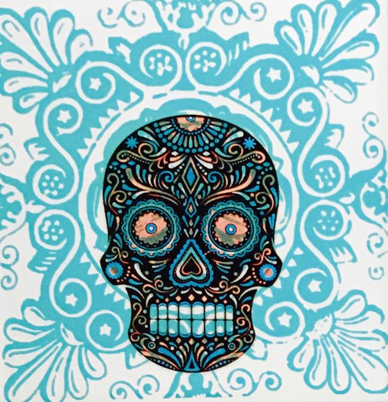 Blue Skull on Patterned background