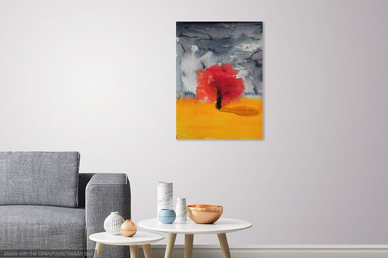 Watercolor painting Abstract landscape Lonely red tree