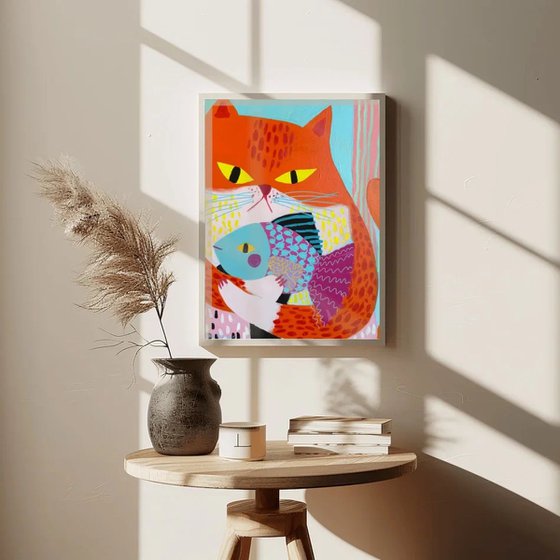 Orange Cat with Colorful Fish