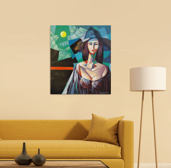 Full Moon (70x80cm, cubism, oil painting, ready to hang)