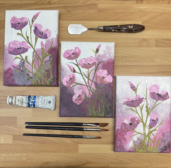 Pink Poppies on a Triptych