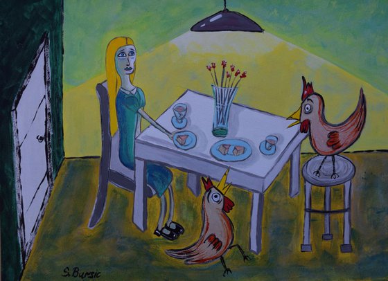 Lady having tea with her chickens