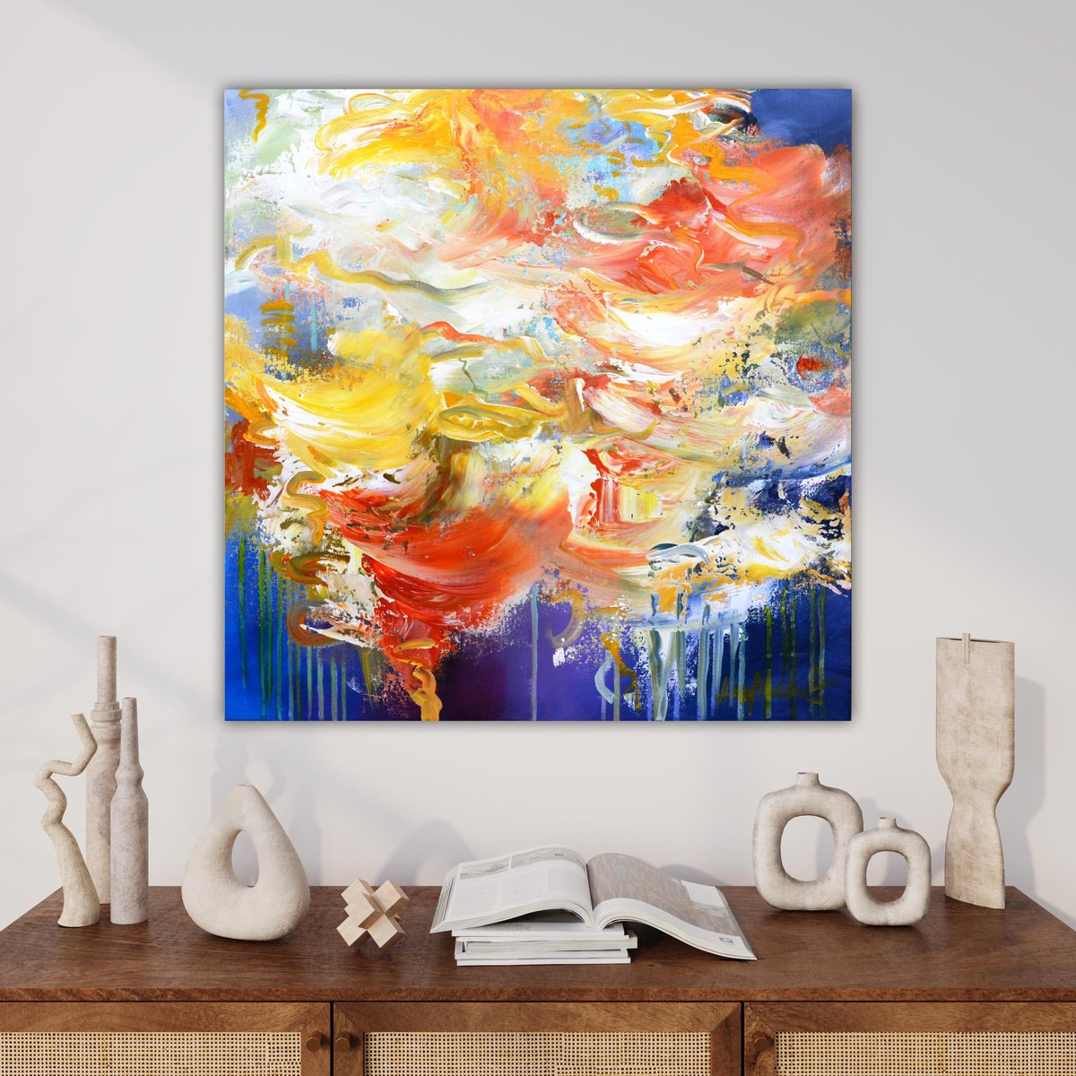 Abstract Acrylic Painting By Andrada Anghel, 24 X 24, Orange Lotus, Original Artwork