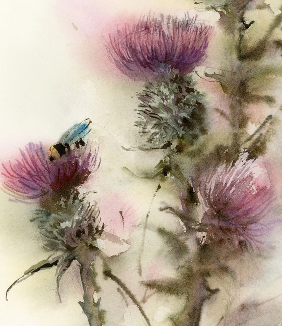 Thistle - Pink Flowers Painting, Scotland National Flower