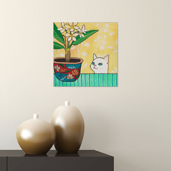 "Curious cat and plumeria in red floral pot." Maximalist Modern Matisse-Inspired Original Painting