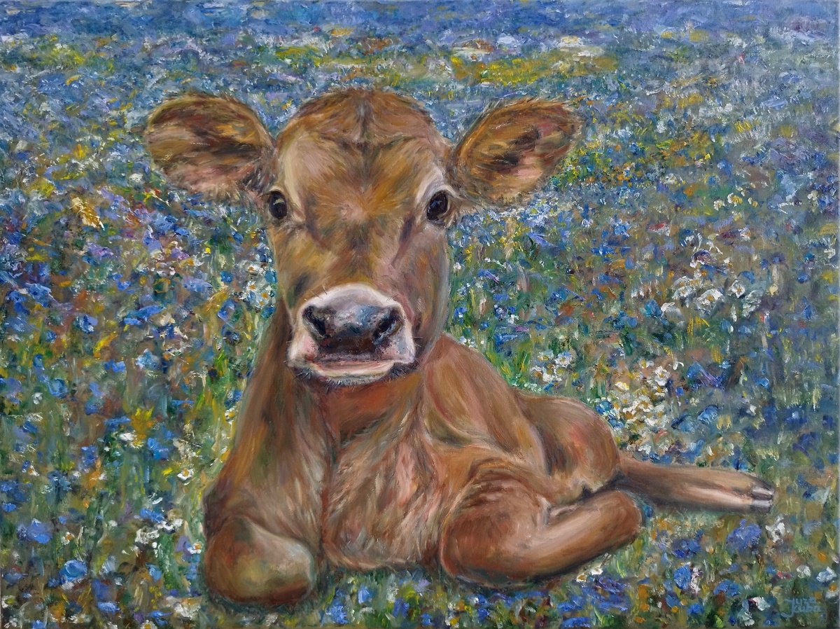 Cornelia, The Cow In Corn Flowers Meadow by Jura Kuba Art