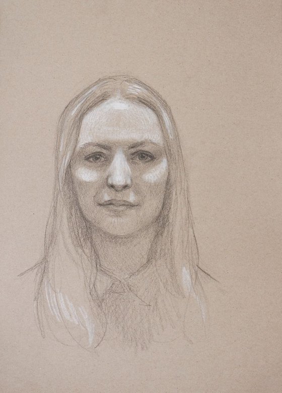 life model portraitl - charcoal, pencil and white chalk on colored paper