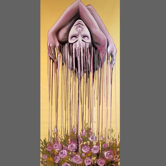 "My Soul Will Bloom in Your Embrace" 80x155x2cm, original oil and acrylic large painting on fabric. Ready to hang.