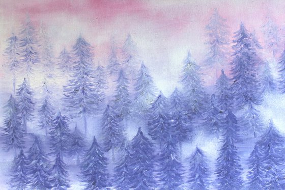 Pink Misty Pine Forest Trees