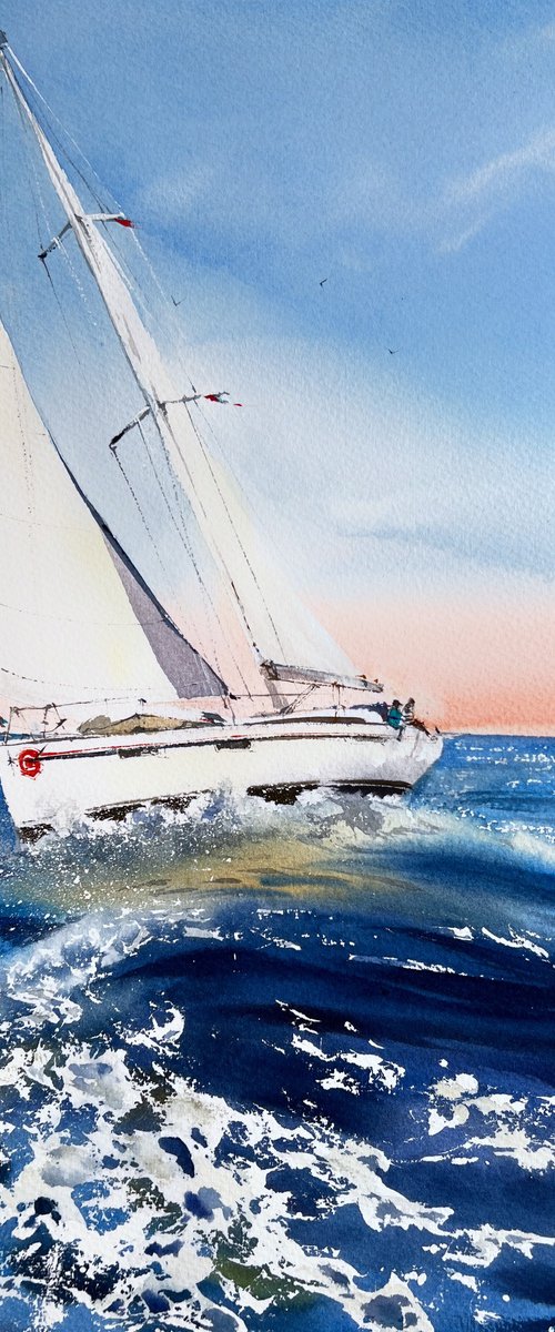 Yacht on the waves #4 by Eugenia Gorbacheva