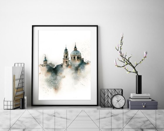 Prague Skyline, Roofs of Prague Cityscape Loose Watercolor