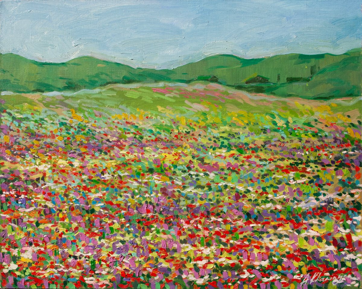 Impressionistic Botanical Oil Painting By Anna Khaninyan, 20 X 16, The Field Of Flowers, Original Artwork