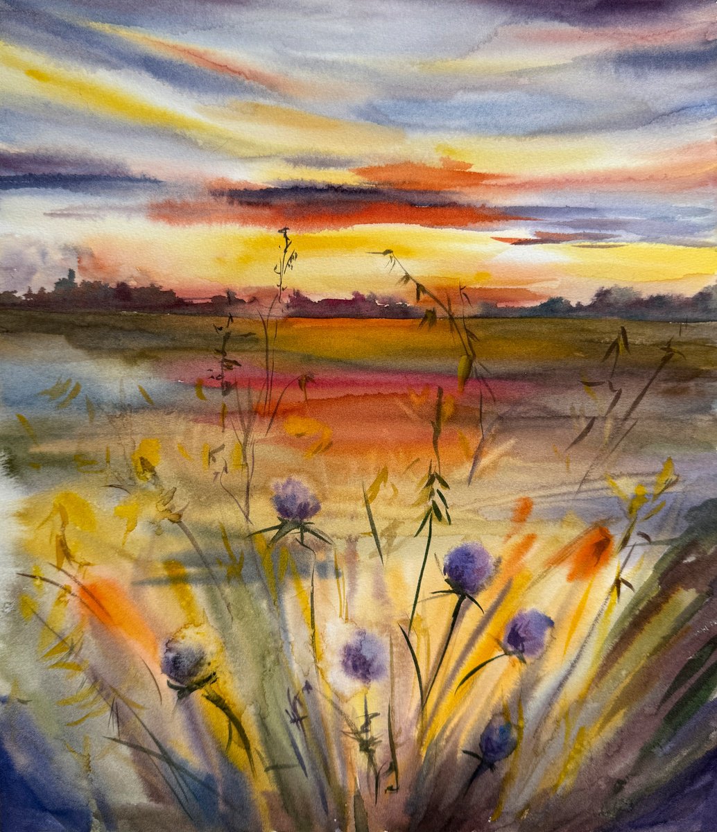Impressionistic Landscape Watercolour By Anna Lyashenko, 12 X 14, Before Summer Ends, Original Artwork