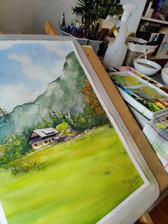 Peace, Bohinj valley Slovenia, Original watercolor painting (2023), Countryside landscape