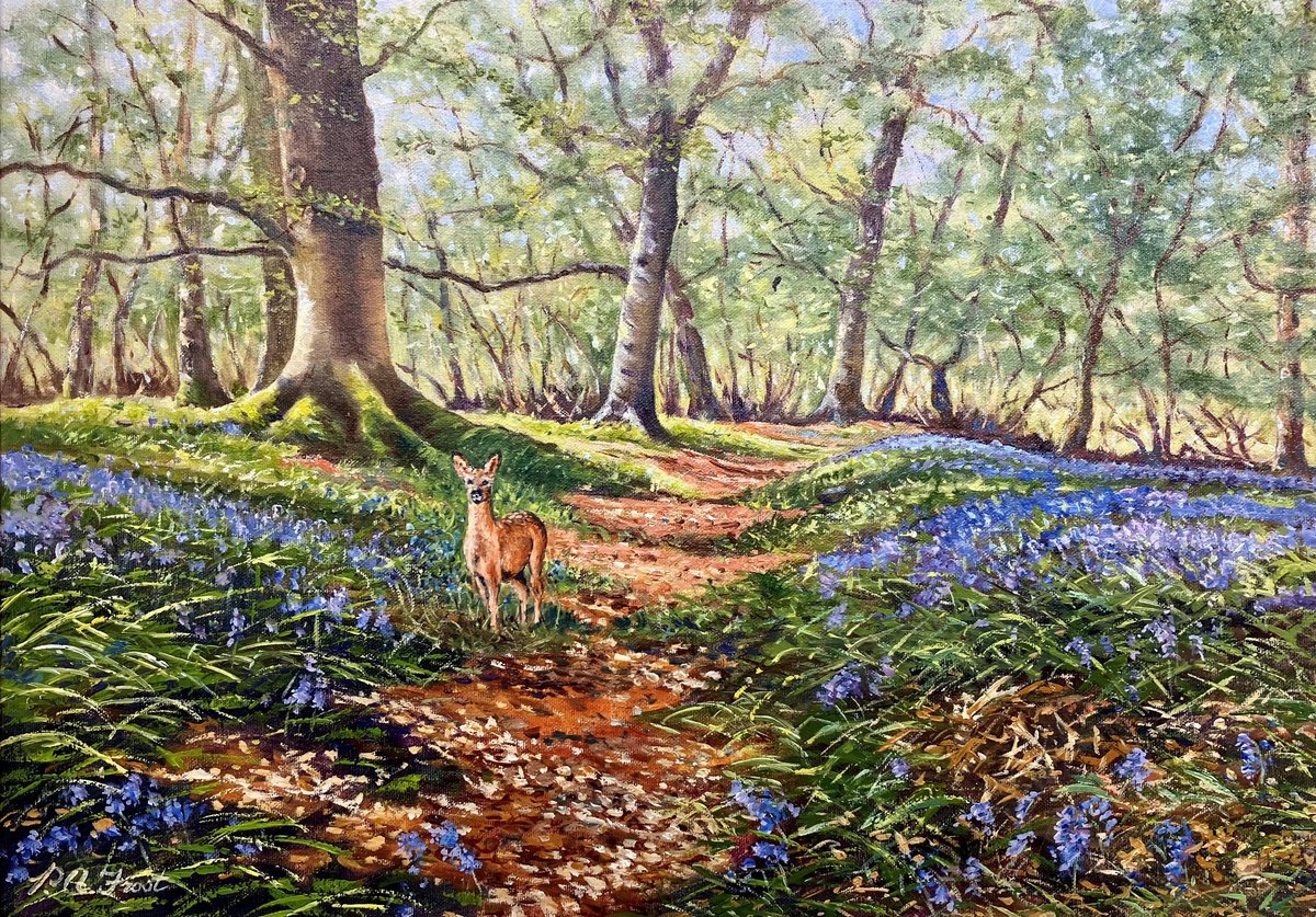 Illustrative Oil Painting , Roe Amoung The Bluebells By Peter Frost, 25 X 19, Artwork For Sale On Artfinder