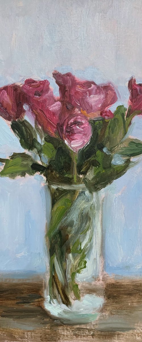Oil Still Life Floral Painting; Pink Roses in a Glass Vase. by Jackie Smith