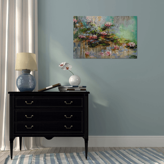 Water lilies original oil large painting, impasto Lily white flowers
