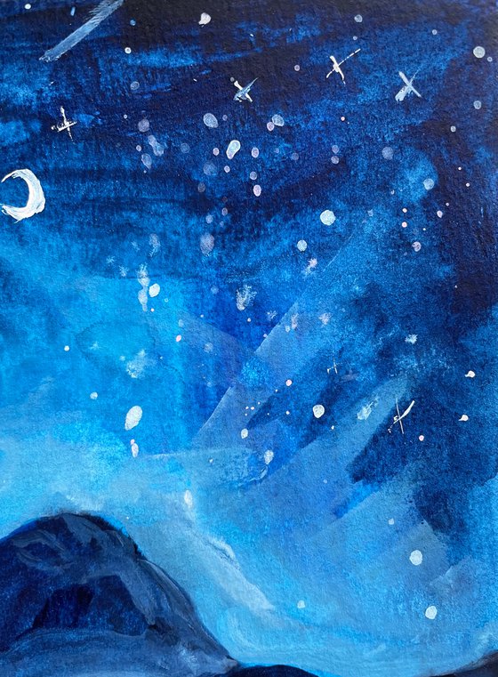 Starry Night Original Gouache Painting, Mountain Artwork, Moon Wall Art, Cottagecore Aesthetics