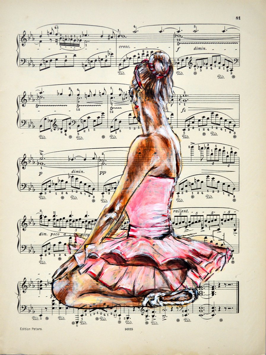 Expressive Portrait Collage By Misty Lady - M. Nierobisz, 8 X 12", Ballerina L- Music Page, Original Artwork