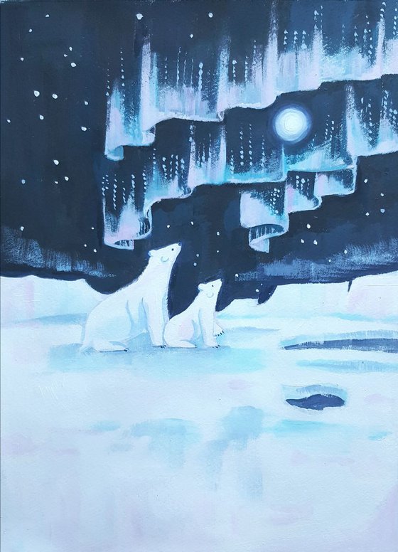 northern lights with polar bears