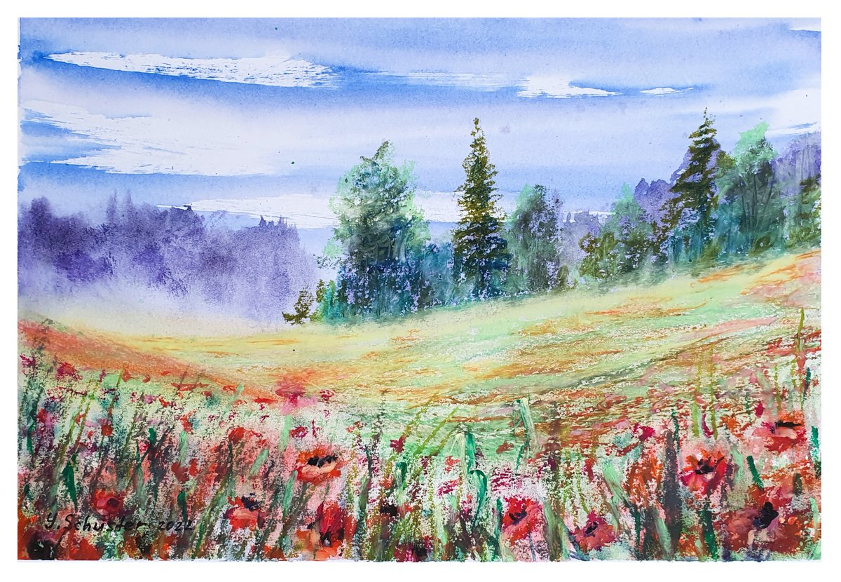 Impressionistic Landscape Painting By Yulia Schuster, 12 X 8", Poppy Field, Original Artwork