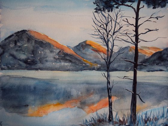 Norwegian original watercolor painting Winter mountains in Norway, snowy fjords in sunset, lake